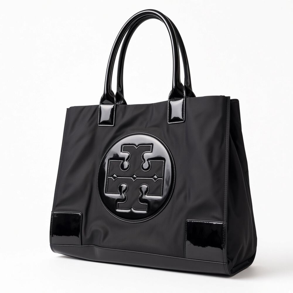 Tory Burch Ella Large Black Nylon Patent Logo Tote Bag Spacious Everyday